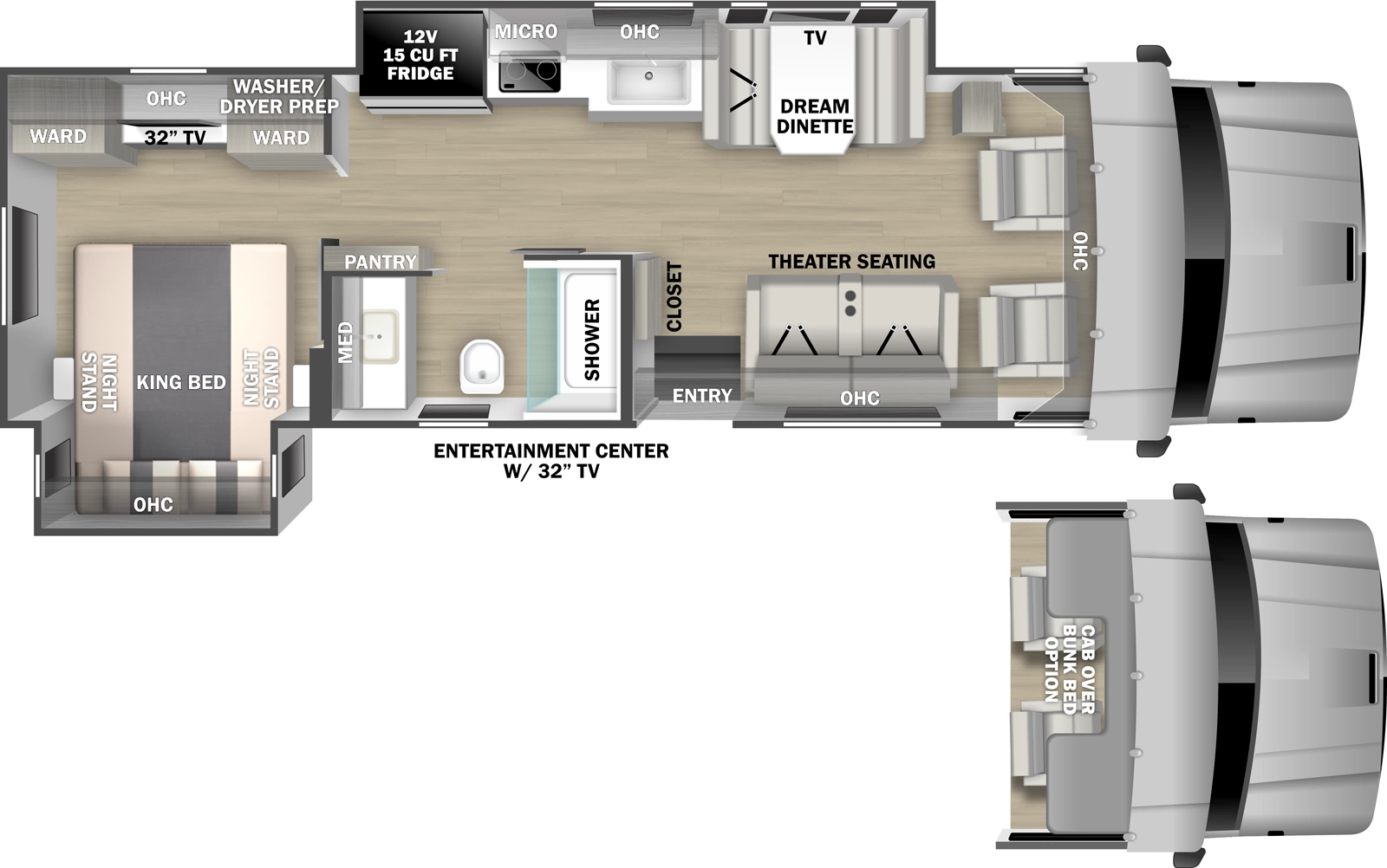 The Europa 32KD floorplan has one entry and two slide outs. Exterior features include: 16' awning and outside entertainment. Interiors features include: rear bedroom, bunk over cab and dinette.